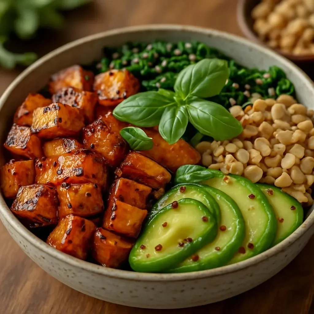 Delicious Thai Peanut Buddha Bowl with sweet potatoes and fresh vegetables