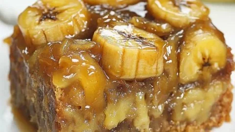 Irresistibly moist banana upside down cake with caramelized bananas and a rich glaze