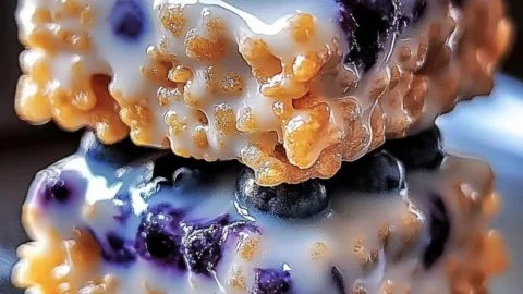 Blueberry rice krispies treats drizzled with vanilla glaze on a plate
