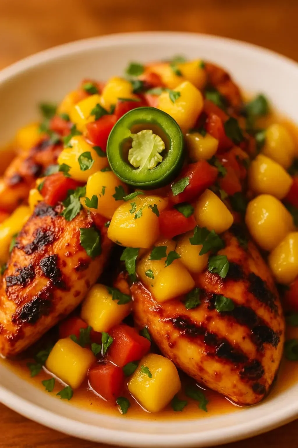 Savory jalapeño peach chicken dish garnished with fresh herbs