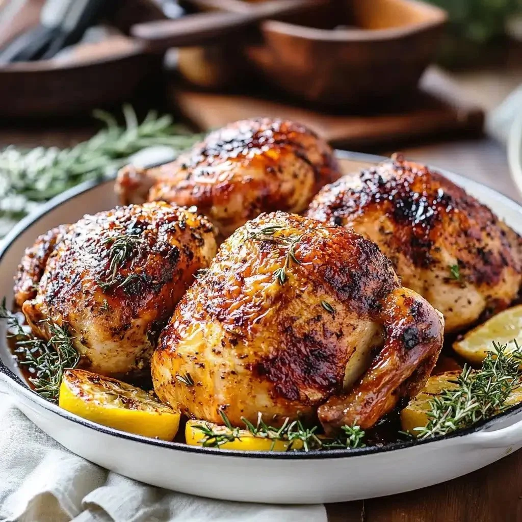 Juicy and crispy roasted Cornish hens served on a platter with herbs