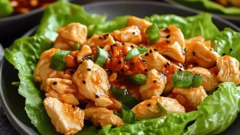 Juicy chicken lettuce wraps with Thai chili sauce served on a plate