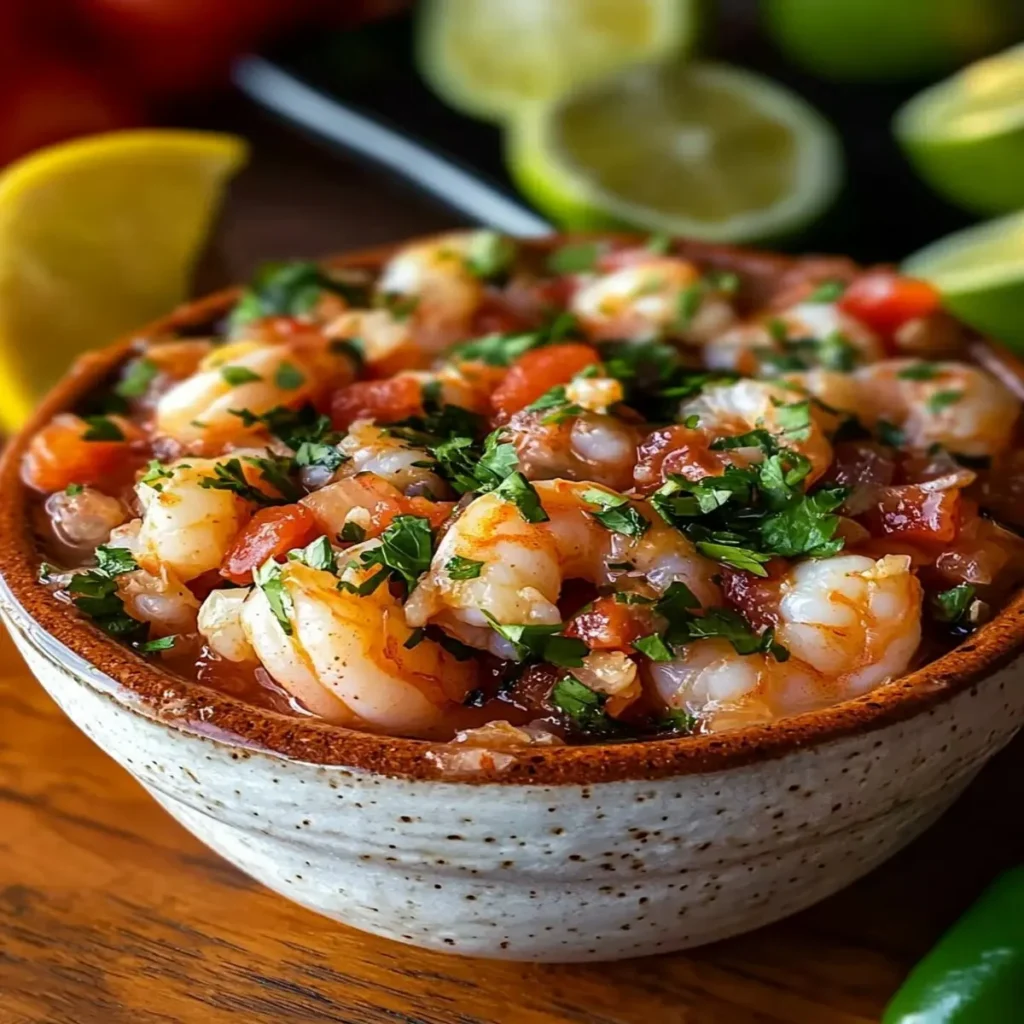 Fresh and colorful Mexican shrimp cocktail garnished with lime and vegetables