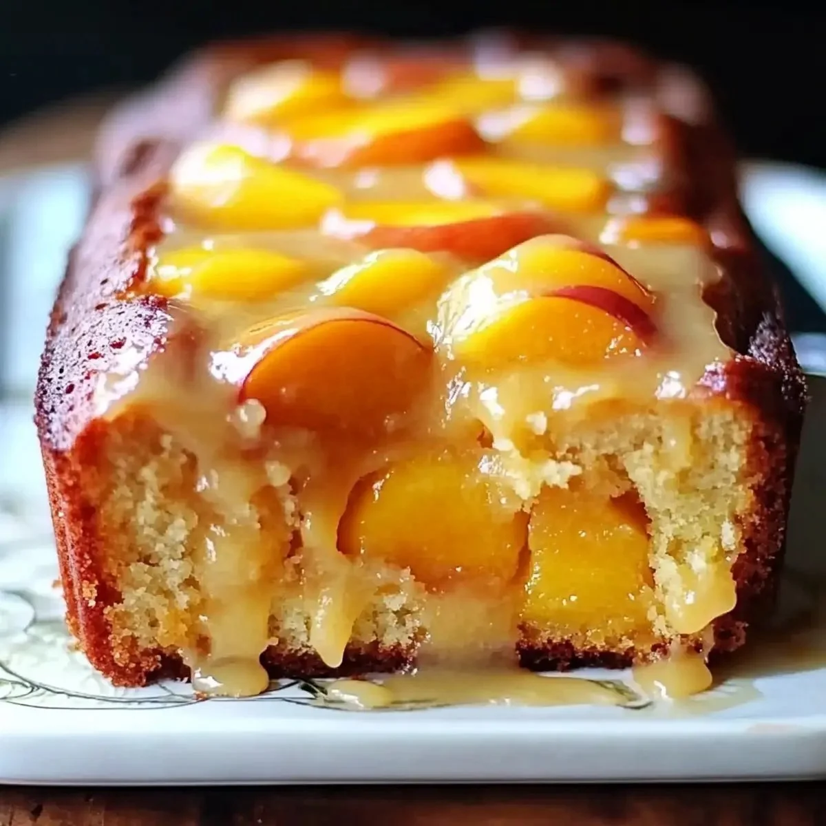 Deliciously baked peach cake topped with fresh slices of juicy peaches