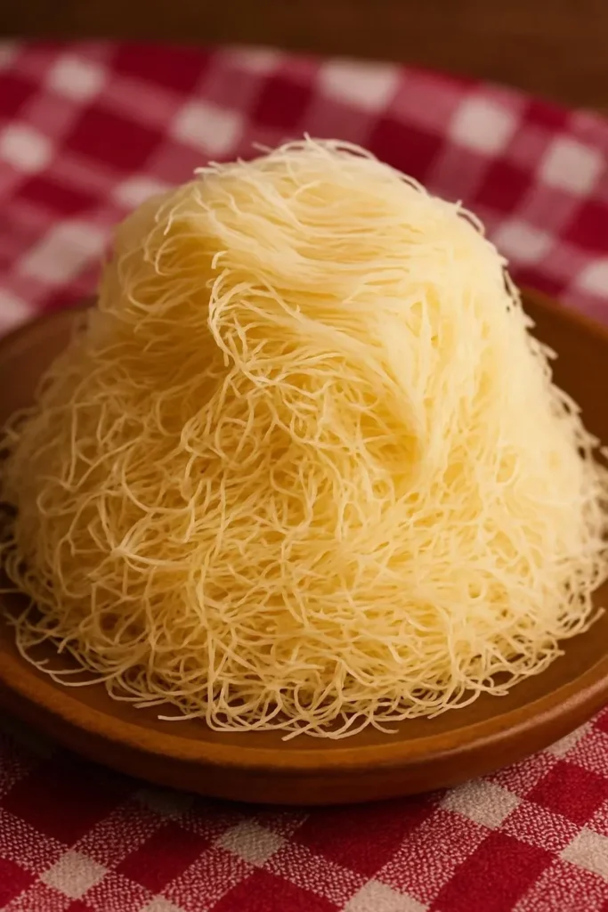 Plate of Kataifi pastry, revealing its shredded phyllo texture and sweet filling.
