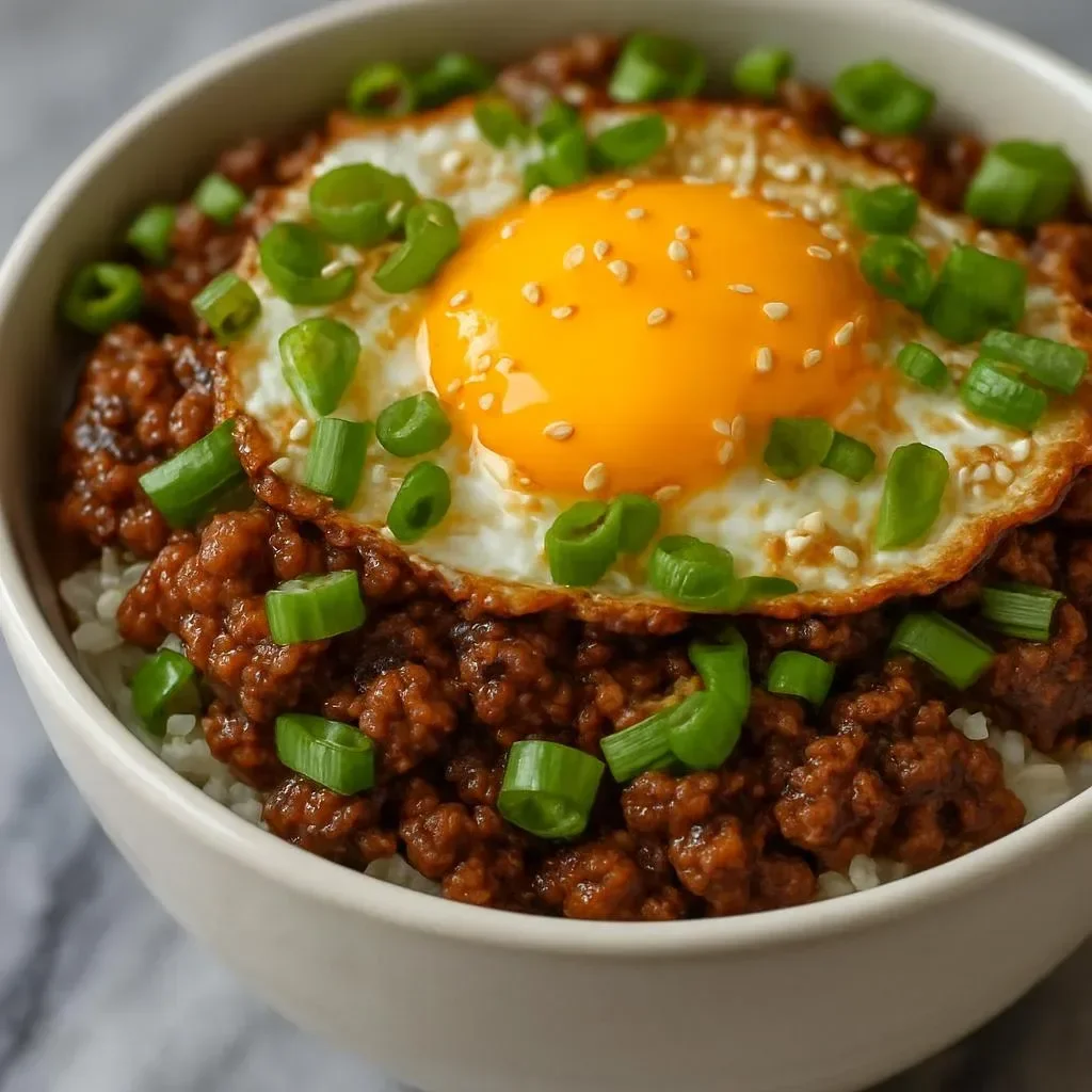 Korean Ground Beef Bowl with vegetables and rice