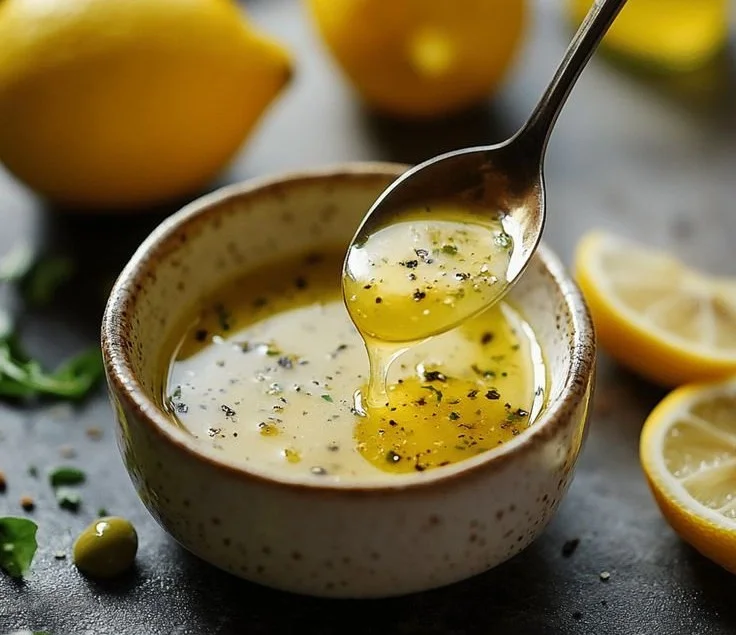 Fresh homemade lemon vinaigrette dressing in a glass jar