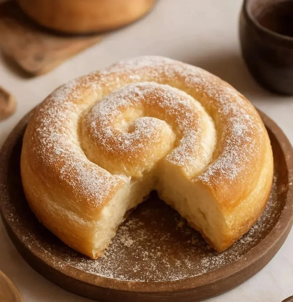 Freshly baked Mallorcan Ensaimada pastry with a fluffy texture.