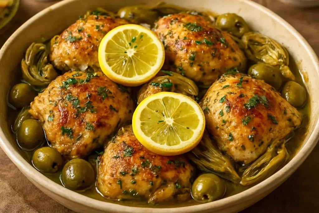 Mediterranean lemon chicken with artichokes and olives served on a plate.