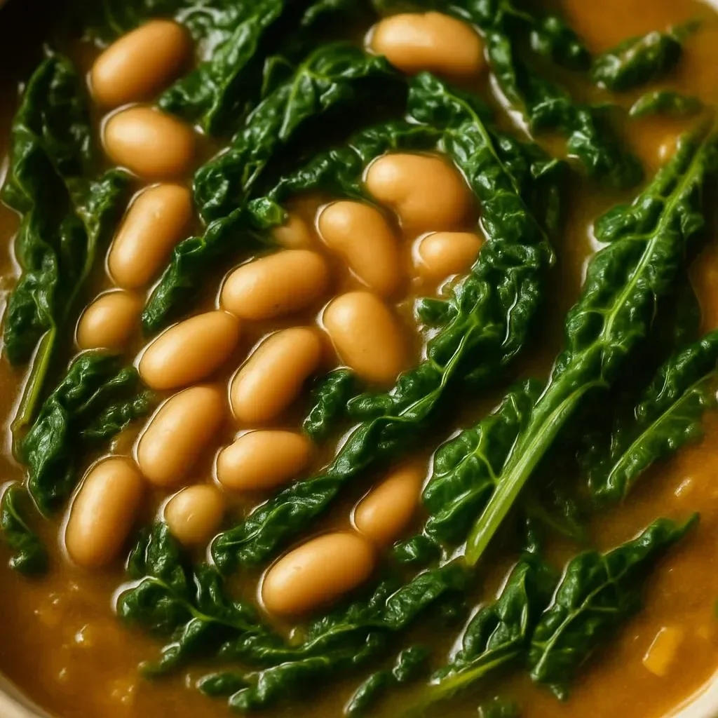 Bowl of Mediterranean white beans and greens dish garnished with herbs.