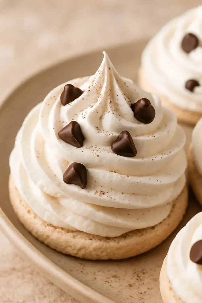 A plate of melt-in-your-mouth chocolate chip meringue cookies stacked beautifully.