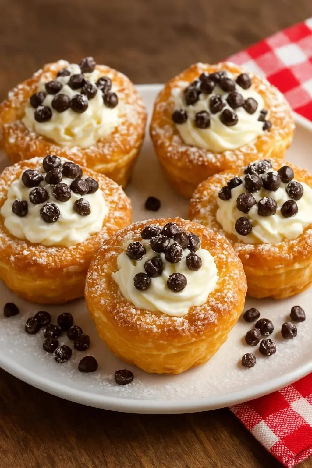 Mini cannoli cups filled with creamy ricotta and topped with chocolate chips.