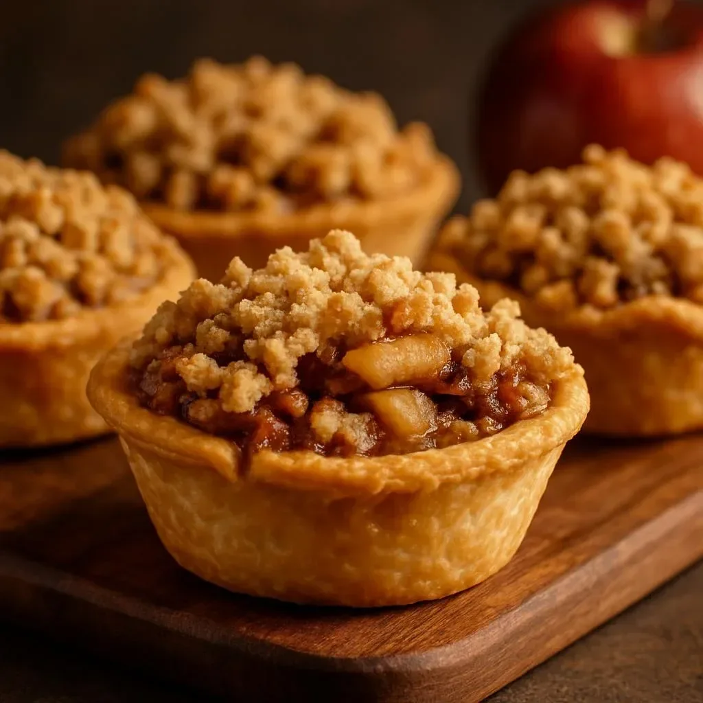 Mini cinnamon apple pies with crumble topping on a wooden table