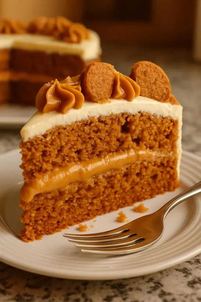 Slice of moist Biscoff Cake with a rich caramel flavor and cookie crumbs on top.