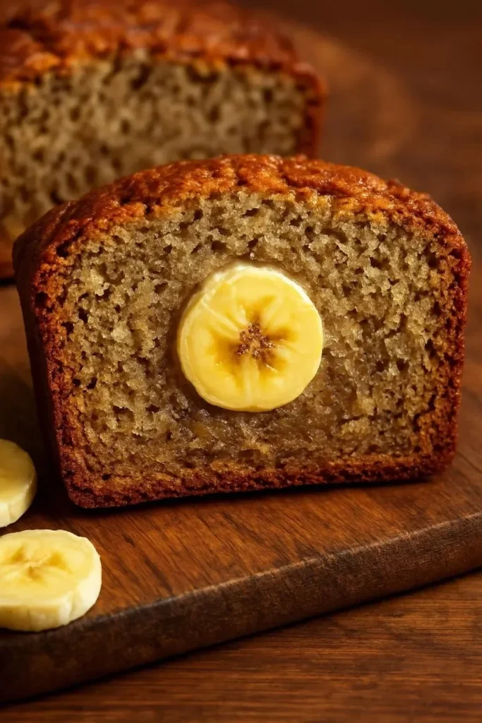 Deliciously moist yogurt banana bread slice on a wooden platter