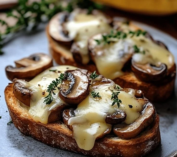 Mushroom bruschetta topped with Gruyere cheese and fresh thyme sprigs