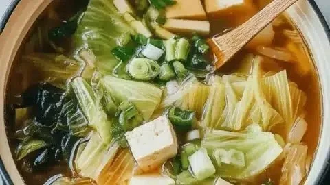Delicious Napa Cabbage Tofu Soup in a bowl garnished with green onions.