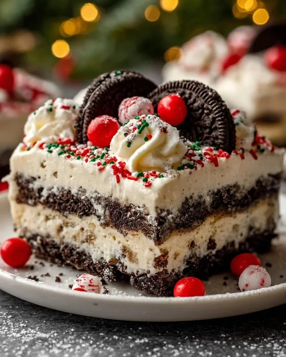 Delicious No-Bake Christmas Oreo Lasagna layered dessert ready to enjoy