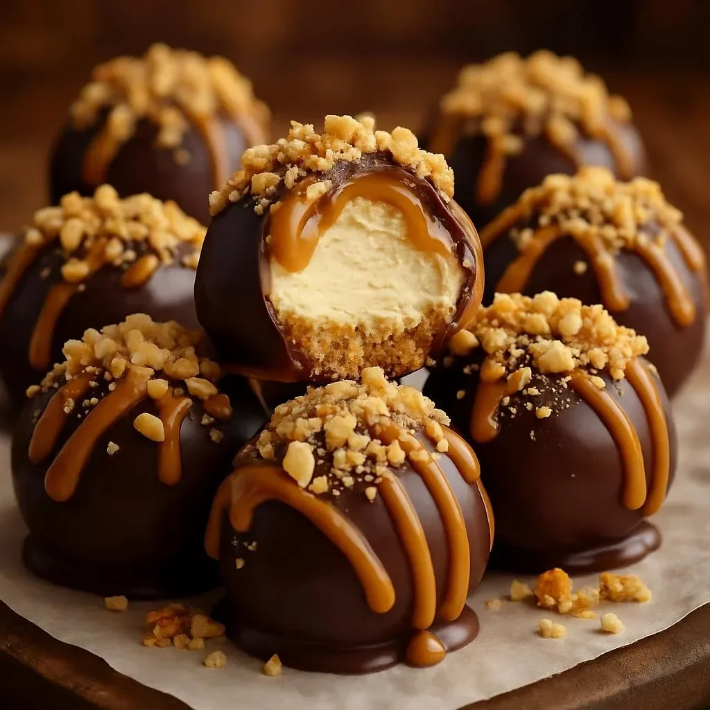 No-bake peanut butter cheesecake balls on a plate, garnished with crushed peanuts.