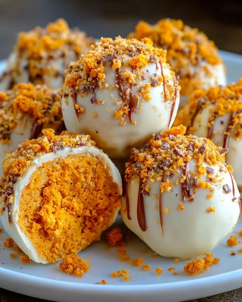 Delicious no bake pumpkin cheesecake balls arranged on a plate