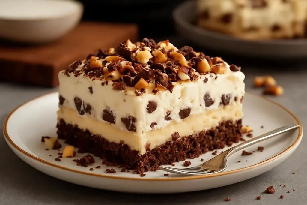 Delicious no-bake turtle lasagna dessert layered with chocolate, caramel, and nuts