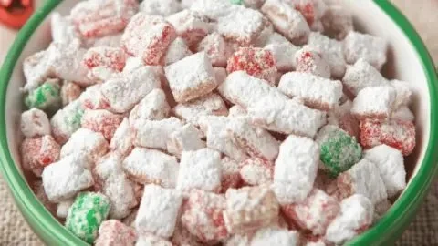 Bowl of North Pole Party Mix, a minty holiday treat for festive celebrations