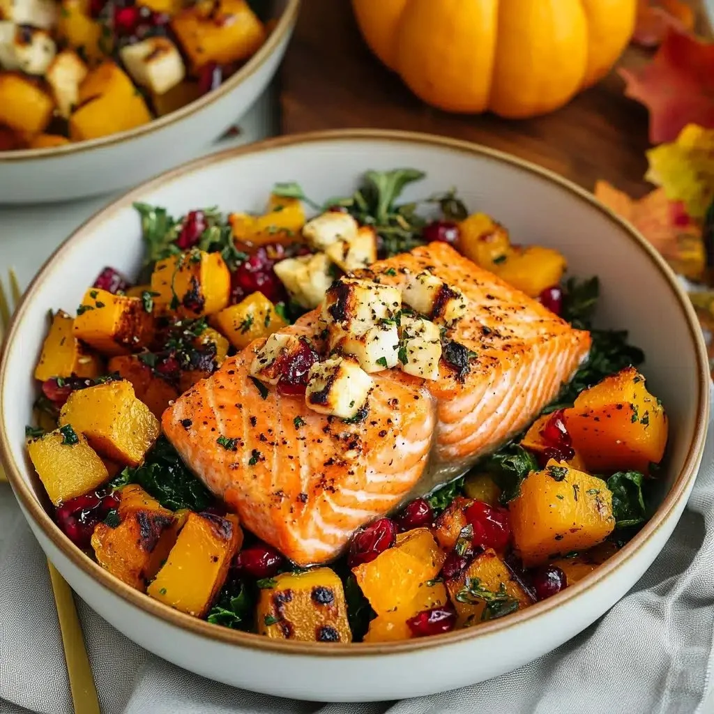 Nourishing autumn salmon and squash bowl served in a vibrant dish.