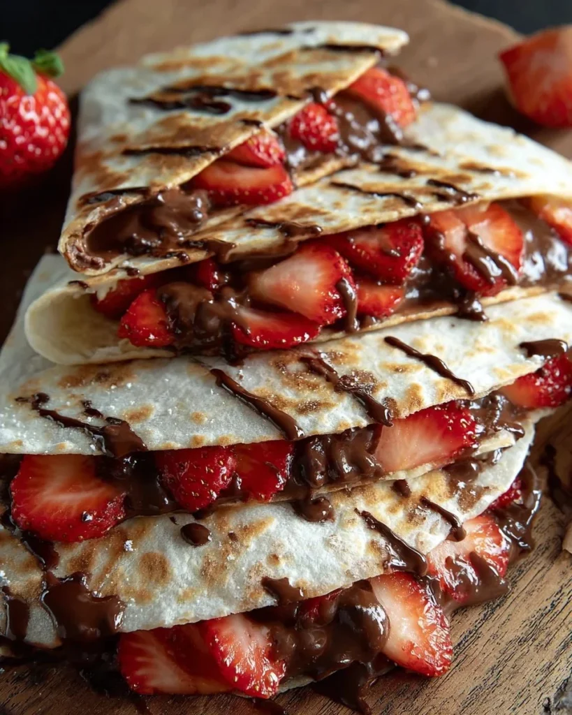 Nutella strawberry quesadilla with fresh strawberries and melted chocolate