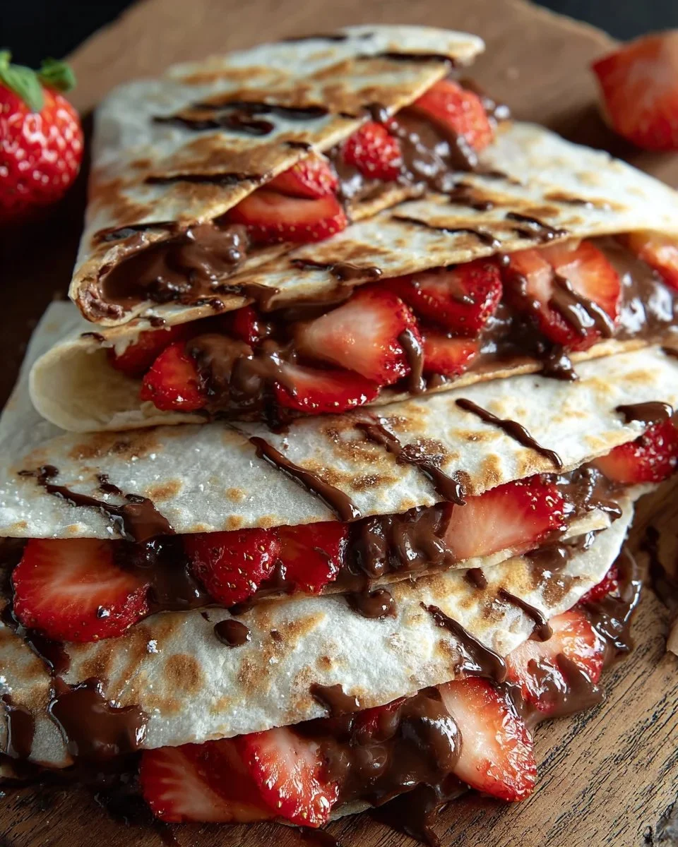 Nutella strawberry quesadilla with fresh strawberries and melted chocolate