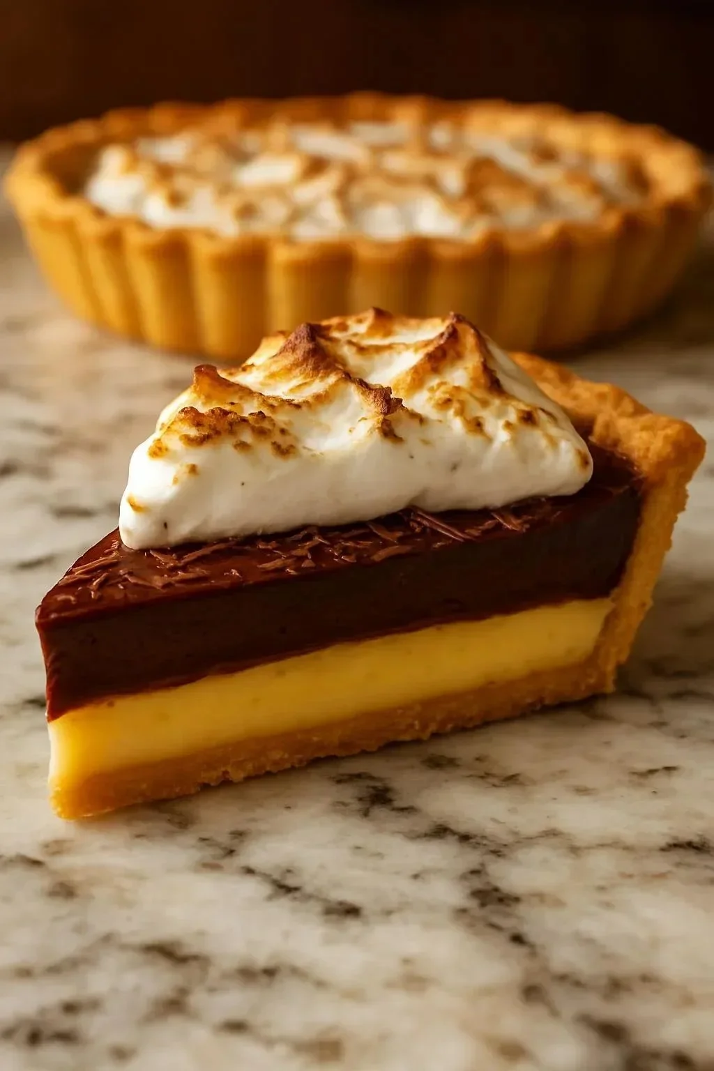 Slice of old-fashioned chocolate pie on a dessert plate