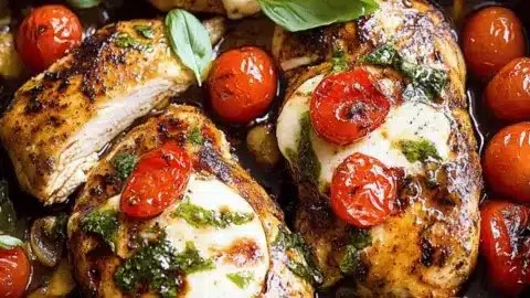 Delicious One Pan Balsamic Chicken served with vegetables for a quick dinner.