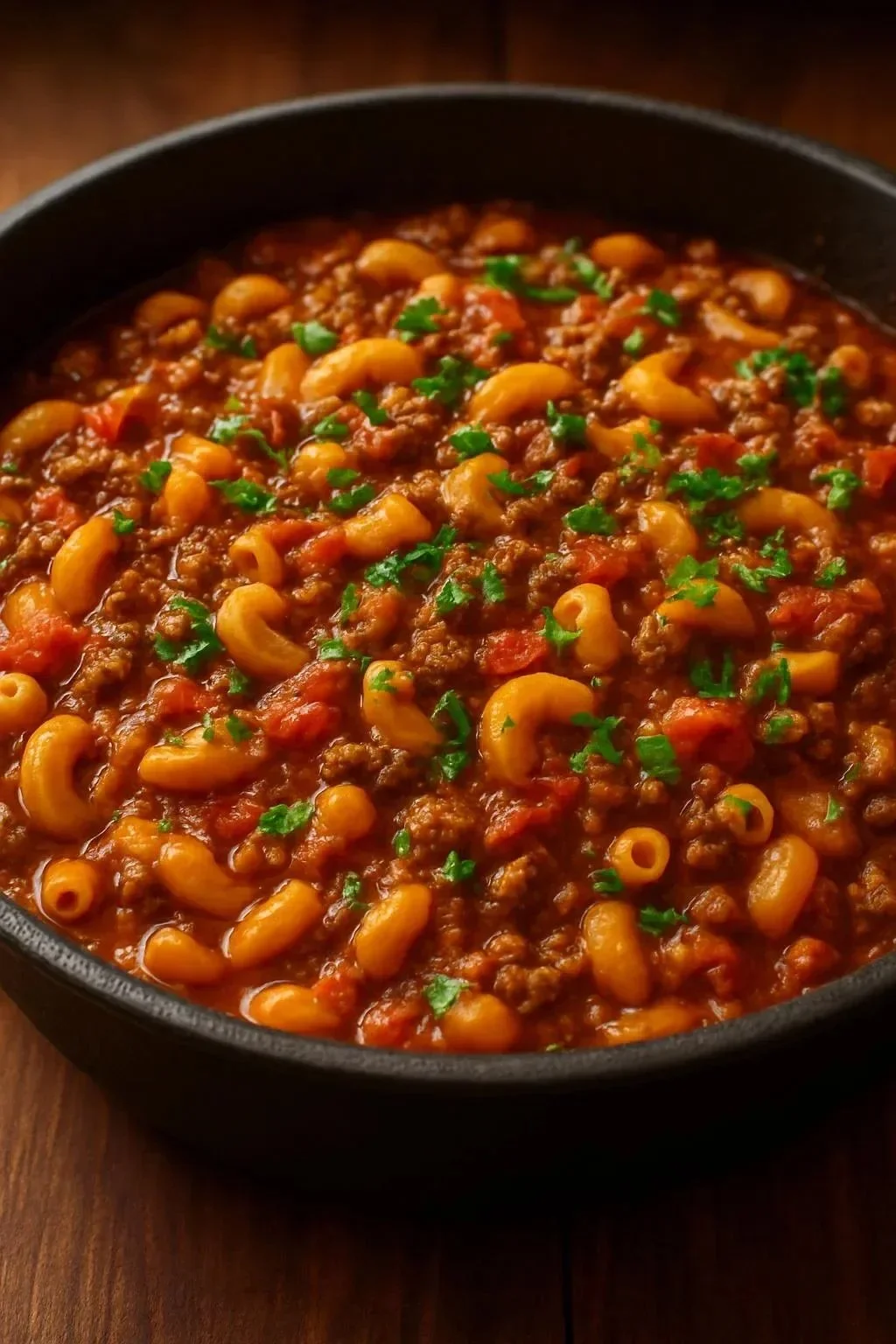 Delicious One Pot American Goulash served in a bowl with ingredients around it