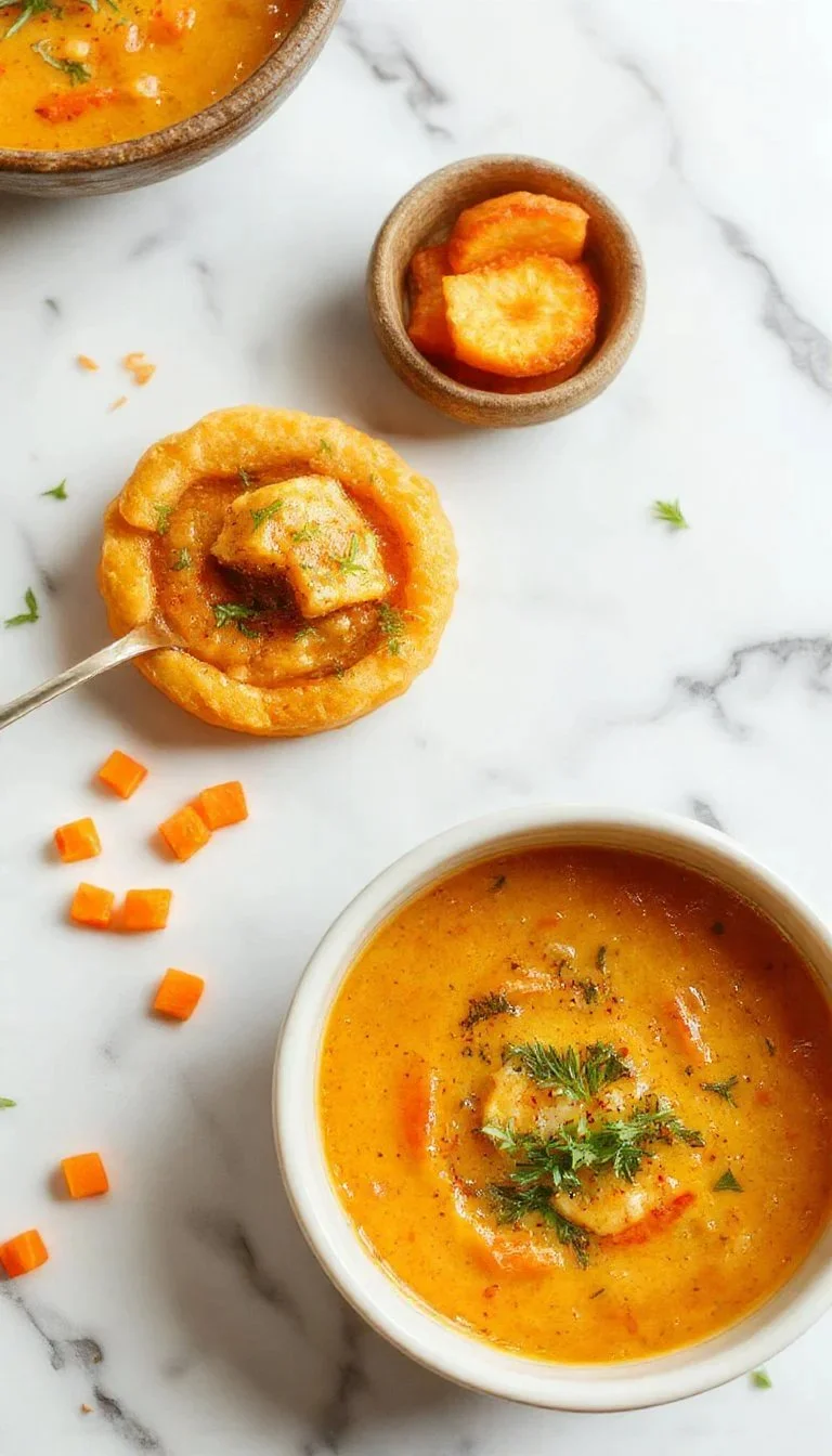 Bowl of one pot creamy carrot lentil soup garnished with fresh herbs