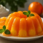 A bowl of bright orange jello dessert served with fruit garnish