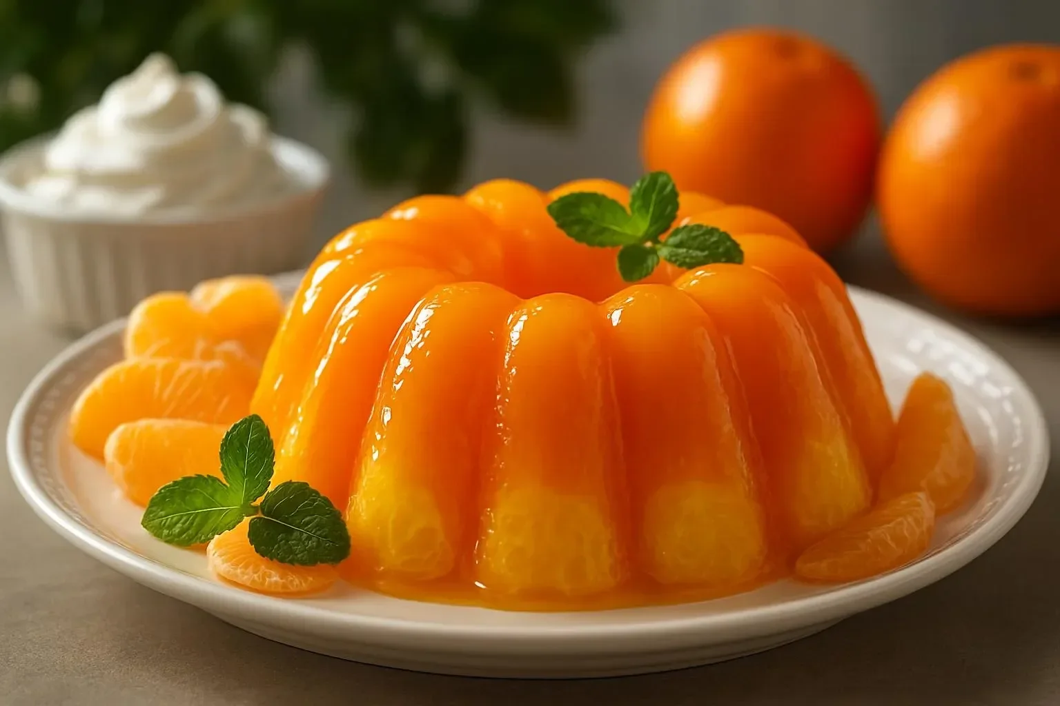 A bowl of bright orange jello dessert served with fruit garnish