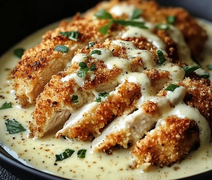 Parmesan Crusted Chicken served with Alfredo Sauce on a plate