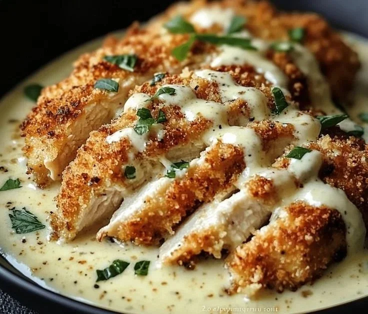 Parmesan Crusted Chicken served with Alfredo sauce garnished with herbs.