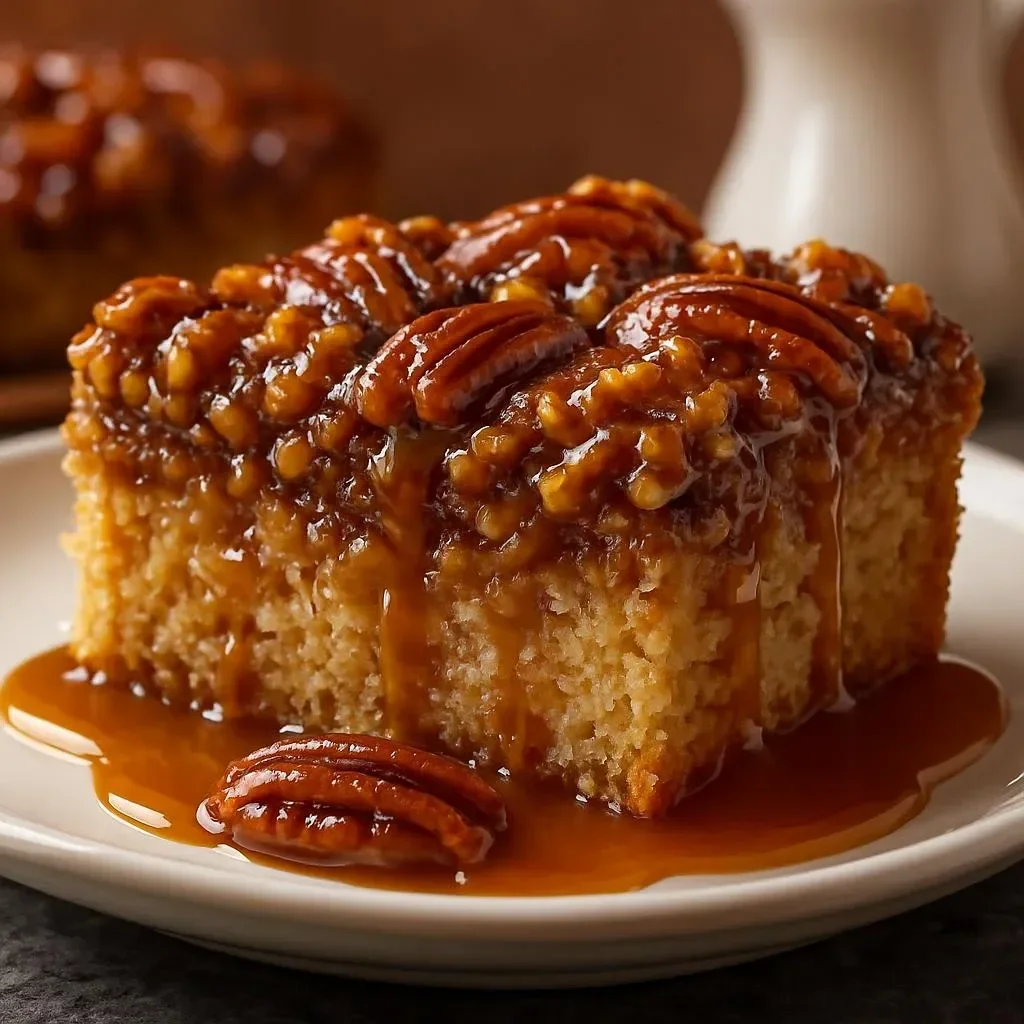 Pecan pie cake with maple caramel topping, a delicious dessert