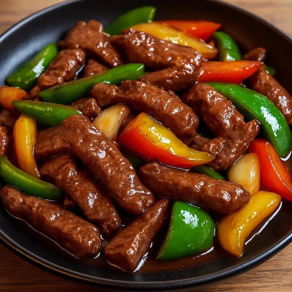 Pepper steak stir fry with onions served in a bowl