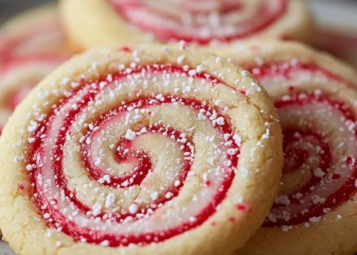 Plate of peppermint swirl cookies with red and white swirls for the holidays