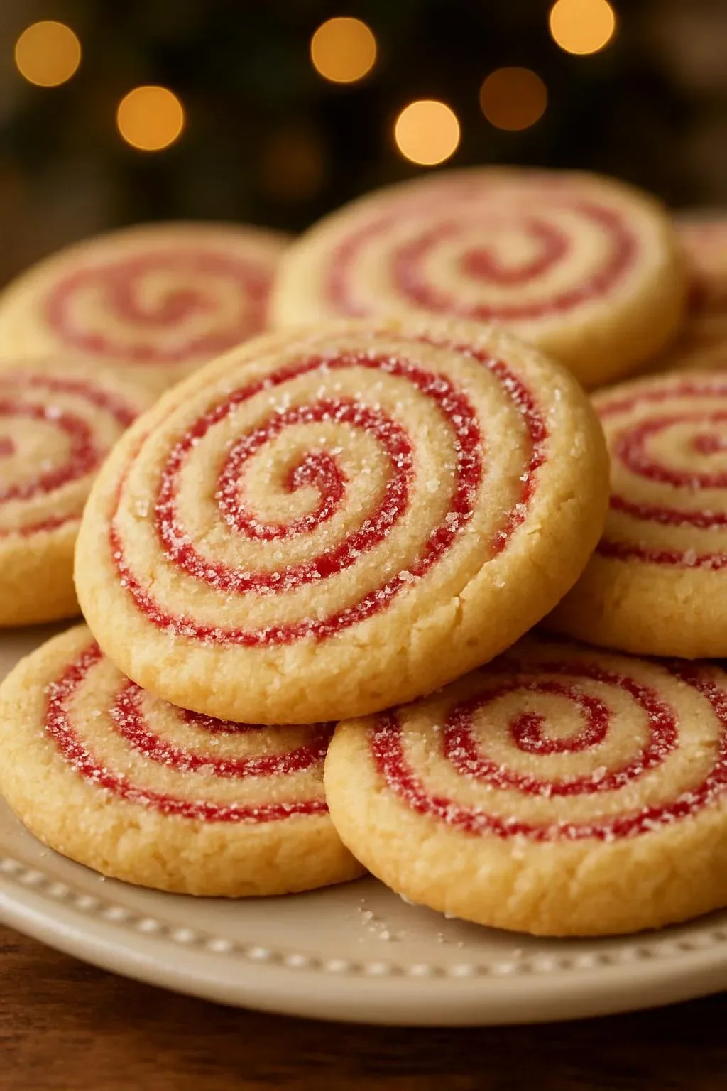 Peppermint swirl cookies on a festive platter, perfect for holiday treats.