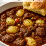 Delicious Philly Cheesesteak stew garnished with herbs and served in a bowl.