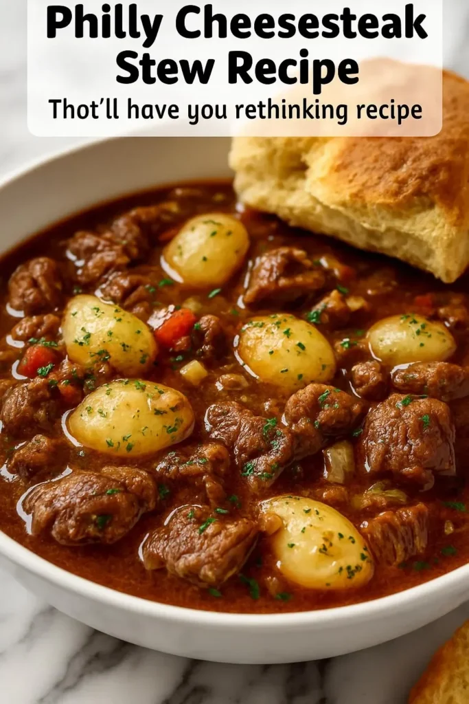 Delicious Philly Cheesesteak stew garnished with herbs and served in a bowl.