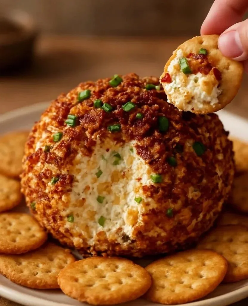 Pineapple Cheeseball ready for serving with crackers and fruits