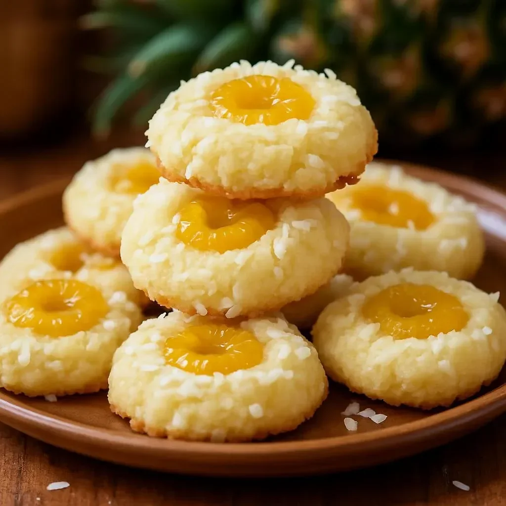 Pineapple Coconut Thumbprint Cookies on a plate with a coconut garnish