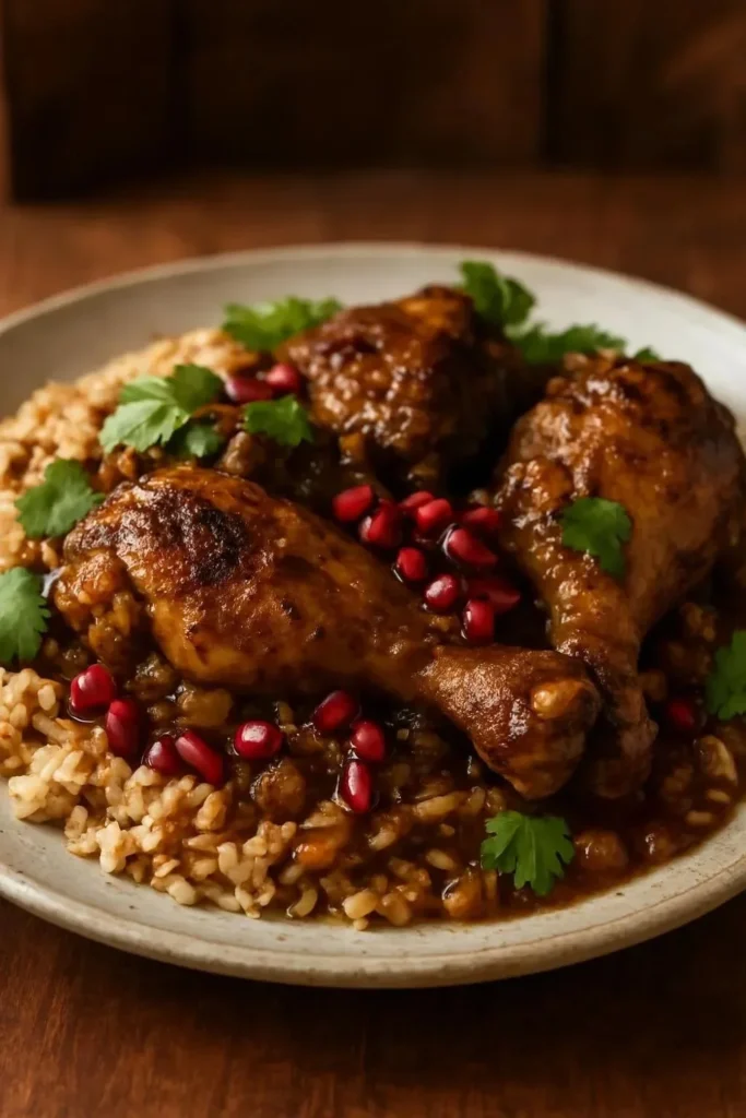 Pomegranate Chicken served with a side of fragrant rice