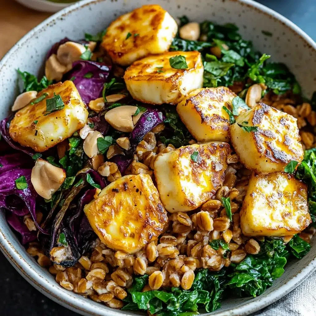 Delicious halloumi farro bowls topped with maple Dijon dressing