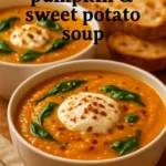 Bowl of delicious pumpkin and sweet potato soup garnished with herbs