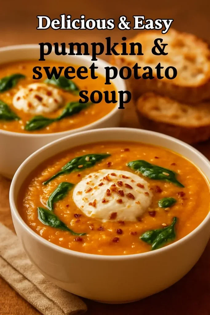 Bowl of delicious pumpkin and sweet potato soup garnished with herbs