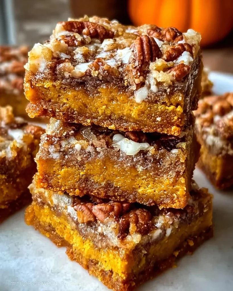 Delicious Pumpkin Magic Bars served on a rustic wooden plate